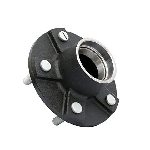 Trailer Hub Kit With 5 Bolt Circle 2 Pack Tapered Spindle From 1 3 8 To 1 1 16 Inch Includes Outer Bearing L44649 10 And Inner Bearing L68149 11 Seal Dust Cap Lug Nuts And All Hardware For Easy Install No Hassle, close-up view of hub with 5-bolt circle.