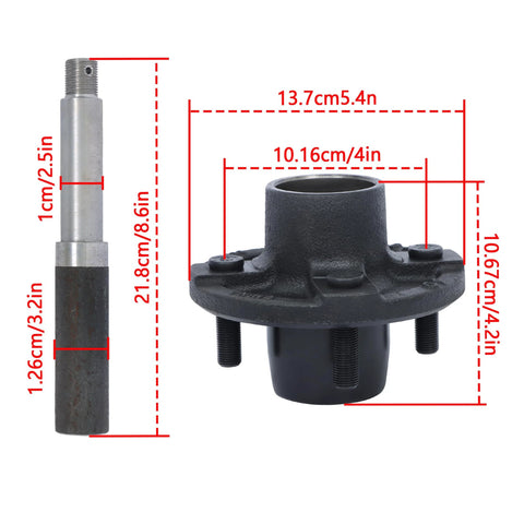 Heavy Duty Eight Set Four On Four Trailer Hub Kit With BT8 Spindle And Seven Piece Bearing Kit For 2000 Pound Axles Includes Half Inch Wheel Studs And 1.988 Inch Grease Cap Flange Plus Sixteen L446 Bearings For Fast Bolt On Installation, showing spindle and hub with measurements.