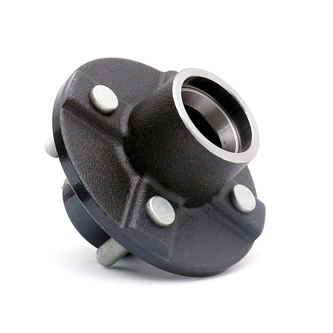 Front view of a Trailer Hub Kit With Four Bolt Pattern And Four Inch Hub Assembly Including Square Shaft Straight Spindle And L44649 Inner And Outer Bearings With Seal Dust Cap Lug Nuts Castle Nut Washer Cotter Pin And All Hardware Set Of Two UCUT.