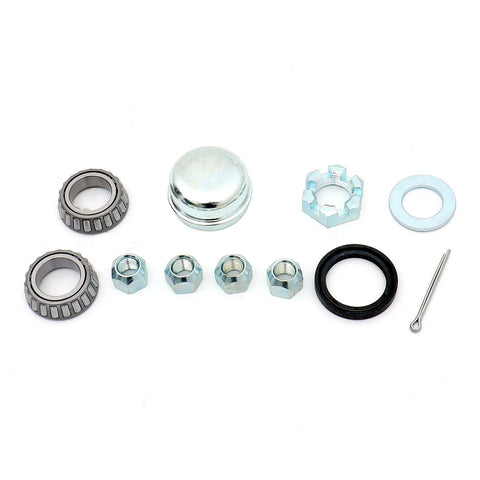 Trailer Hub Kit With Four Bolt Pattern And Four Inch Hub Assembly Including Square Shaft Straight Spindle And L44649 Inner And Outer Bearings With Seal Dust Cap Lug Nuts Castle Nut Washer Cotter Pin And All Hardware Set Of Two UCUT components on white background
