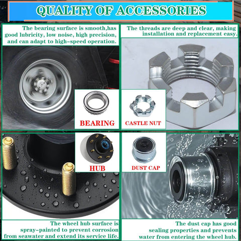 Collage of 7000 Lb Trailer Hub Kit components including bearing, castle nut, hub, and dust cap by Ozisens