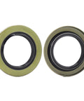 Close-up of two seals from the complete trailer wheel hub bearing kit for 1.0625 inch axles with seals, includes 4 bearings, 2 seals, cotter pins.