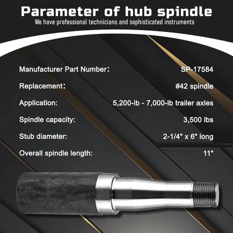Durable 5 On 5 Inch Trailer Hub And Spindle Assembly Kit With Round 84 Axle Spindle And Bearings For 3500 Lbs Axles Complete Trailer Axle Kit For Truck Trailers Alloy Steel Construction Includes Two Sets displayed with specifications including spindle length and capacity.