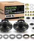 Two Pack Preassembled Trailer Idler Hub Kit Set For 3500 Pound Axles Five On Four Point Five Bolt Pattern L44649 And L68149 Bearings Fits Dexter Al Ko Lippert And Other Brands Includes Galvanized Dust Caps, showing hubs, bearings, and dust caps.