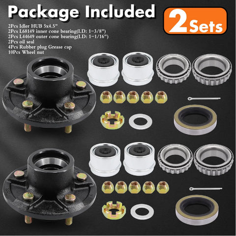 Two Pack Preassembled Trailer Idler Hub Kit Set For 3500 Pound Axles Five On Four Point Five Bolt Pattern L44649 And L68149 Bearings