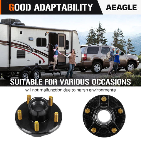 5 Hole 4.5 Inch Bolt Circle Idler Hub Kit For 2000lb Trailer Axles Replacement For L44649 Bearings, image shows hub front and top view