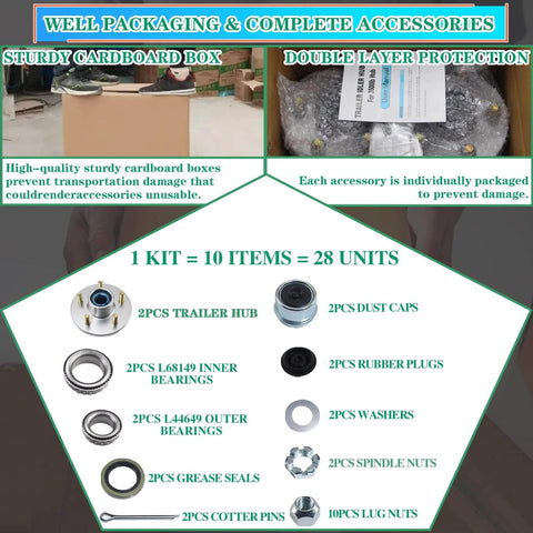 Contents of 2 Pack 3500 Lb Pre Lubricated Trailer Idler Hub Kit 5 on 4.5 Inch with bearings, seals, and accessories.