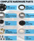 Heavy Duty Trailer Idler Hub Kit For 3500 Lb Trailers One Sixteenth To Three Eighths Inch Axles Five Lug Wheel Hub With L44649 And L68149 Bearing Kit EZ Lube Compatible Complete Kit With Caps And Seals Fits Spindle 84, showing kit components