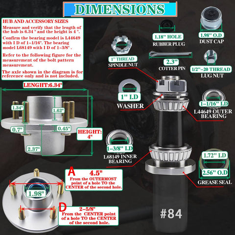 Product diagram of 2 Pack 3500 Lb Pre Lubricated Trailer Idler Hub Kit 5 On 4.5 Inch For 1-1/16 To 1-3/8 Inch Tapered Spindle EZ Lube