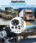 Image collage showing Heavy Duty Trailer Idler Hub Kit For 3500 Lb Trailers One Sixteenth To Three Eighths Inch Axles Five Lug Wheel Hub With L44649 And L68149 Bearing Kit EZ Lube Compatible Complete Kit With Caps And Seals Fits Spindle 84; includes product components, trailer use in various scenarios, and close-up of hub installed with cap.