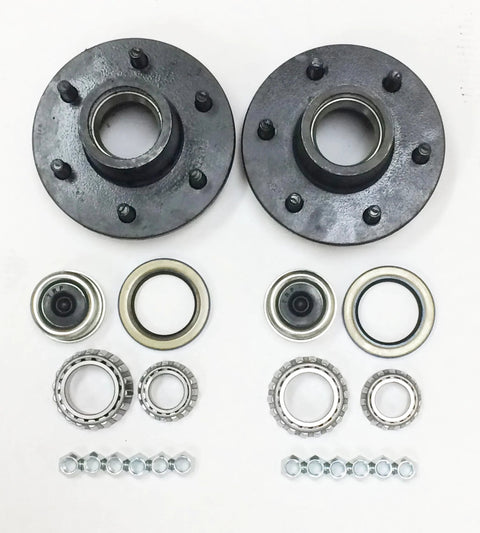 Set Of 2 Trailer Idler Hub Kits 6 On 5.5 Inch Bolt Pattern For 5200 To 6000 Lbs Axles With 2 Inner And 2 Outer Cone Bearings 2.25 X 3.371 Seals And EZ Lube Grease Caps Included Ideal For Replacing Worn Hubs On Utility Trailers displayed