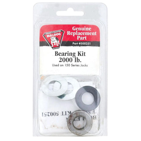 Trailer Jack Bearing Kit For Series 150 4 Piece Replacement Pack For Bulldog 500251 Genuine Bulldog Bearing Set For Trailer Jacks Heavy Duty Repair Kit To Keep Your Trailer Road Ready To Tow in a packaging with Bulldog logo.
