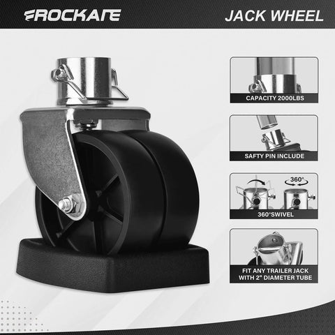 Dual 6 Inch Trailer Jack Wheel Swivel Caster Replacement With Rubber Wheel Chock, 2000 Lbs Capacity, Pin Included, side view
