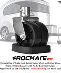 Dual 6 Inch Trailer Jack Wheel Swivel Caster Replacement With Rubber Wheel Chock, 2000 Lbs Capacity, shown with trailer background