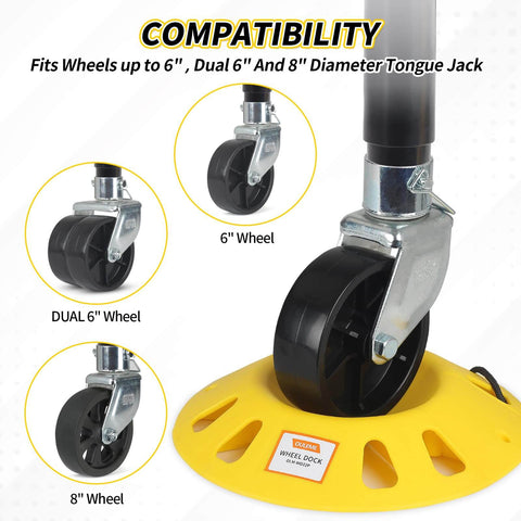 Trailer Jack Wheel Dock With Rope Handle that keeps your trailer from wobbling for single 6 inch 8 inch and dual casters.