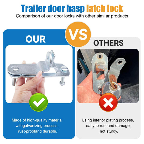 Comparison of trailer door hasp latch lock quality, showing our sturdier option versus a rusted competitor.