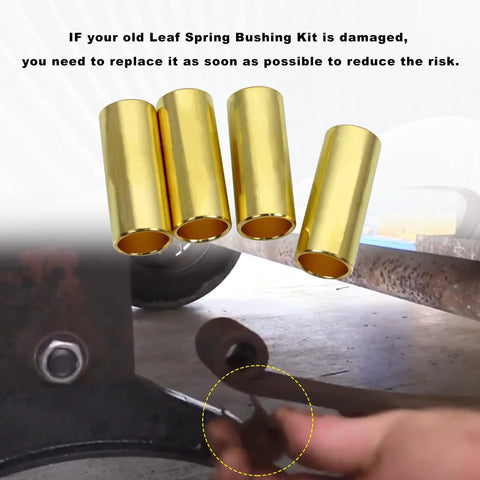 Bronze Trailer Leaf Spring Bushing K7129100 set shown next to installation site under a vehicle, highlighting durability and easy installation.