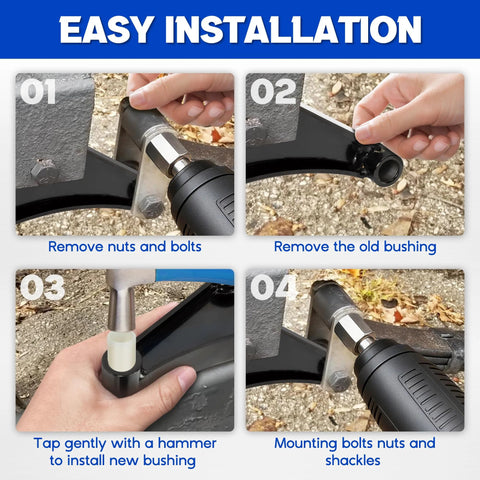 Step-by-step installation of 8 Pack Nylon Trailer Leaf Spring Bushings 722106 Replacement Kit for double eye springs on trailer.