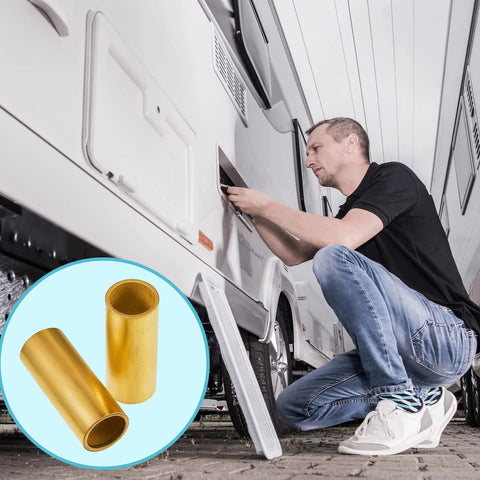 Dunzy trailer leaf spring bushing kit; brass for trailer axle, side view installed on trailer axle, ID 9/16 in, OD 11/16 in