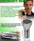 Man holding a 10 Pack 1/2-20 Trailer Lug Bolt for 5-Lug Hubs, zinc plated, solid steel, with size dimensions; suitable for boat trailers.