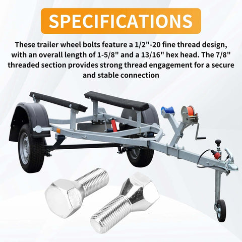 5 Pack 11062A Trailer Lug Bolts 1/2"-20 x 1-5/8", Solid Steel with Zinc-Plated Finish, Fits 5-Lug Hubs Screws, trailer in background