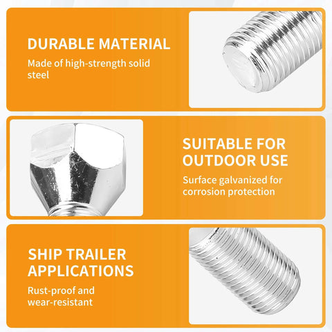 Detailed features of 5 Pack 11062A Trailer Lug Bolts 1/2"-20 x 1-5/8", solid steel, zinc-plated finish, corrosion-resistant.