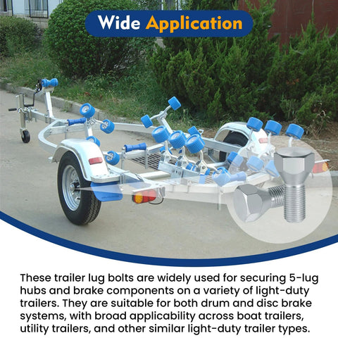 Boat trailer with focus on secure 5-lug trailer wheels using 1/2-20 x 1-5/8 inch zinc-plated lug bolts, shown in use