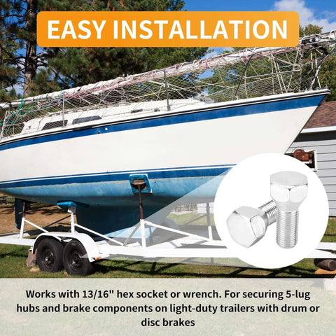 5 Pack 11062A Trailer Lug Bolts 1/2"-20 x 1-5/8", solid steel zinc-plated, shown on boat trailer installation