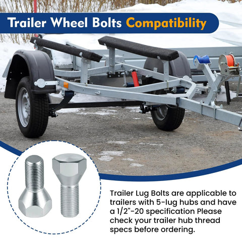 Secure 5-lug trailer wheels with these 1/2-20 x 1-5/8 inch zinc-plated lug bolts shown with trailer and close-up images.