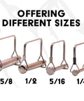 Assorted sizes of metal trailer pins with handles, including 5/8 inch, 1/2 inch, 5/16 inch, and 1/4 inch shown on display.