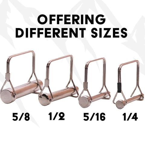 Assorted sizes of metal trailer pins with handles, including 5/8 inch, 1/2 inch, 5/16 inch, and 1/4 inch shown on display.