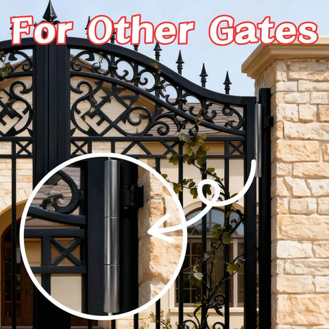 4 Pack 10 Inch Weld On Trailer Ramp Hinges installed on decorative gate showing hinge detail in outdoor setting