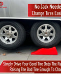 Side view of a red Rugged Five And A Half Inch Lift Trailer Ramp for quick tire changes on dual axle trailers, under wheels.