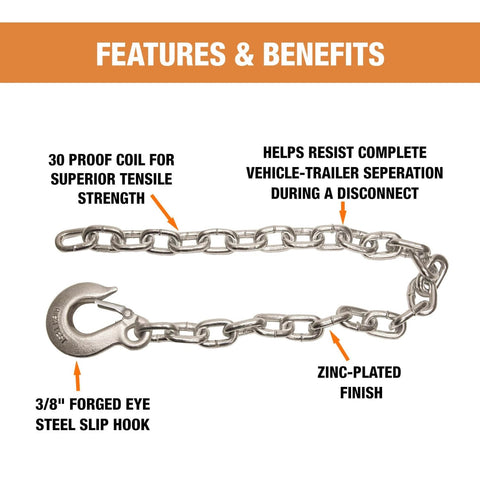 B03822SC Class 4 Trailer Safety Chain With Forged Slip Hook, Zinc Plated, 3/8 in Diameter, highlighting features and benefits