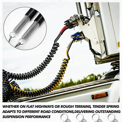 4 Pack 16 Inch Dual Trailer Spring Kit With Heavy Duty Tension Springs installed on semi truck, holding ABS air lines and cords