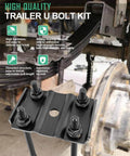 Close-up of installed durable trailer U bolt kit for 5200-7000 lb round axles, 3 inch beam diameter, includes four 7 inch U bolts.