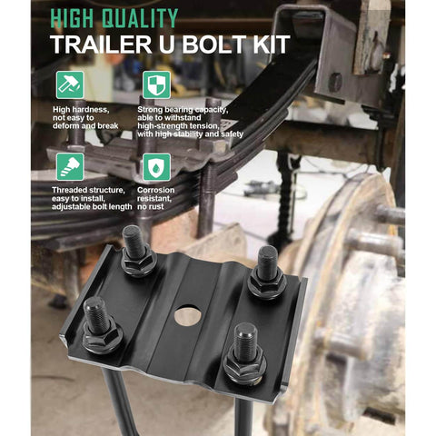 Close-up of installed durable trailer U bolt kit for 5200-7000 lb round axles, 3 inch beam diameter, includes four 7 inch U bolts.