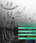 Durable trailer U bolt kit for 5200-7000 lb round axles, 3 inch beam diameter, includes four 7 inch U bolts, eight 1/2 inch nuts, and tie plates for quick, secure leaf spring mounting and long-lasting hold; image showing package contents and installation schematic.