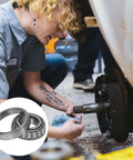 Mechanic installing L44643/L44610 Tapered Roller Bearing Cone and Cup, 1.0000" Bore x 1.9800" OD x 0.5906" Thick Chrome Steel