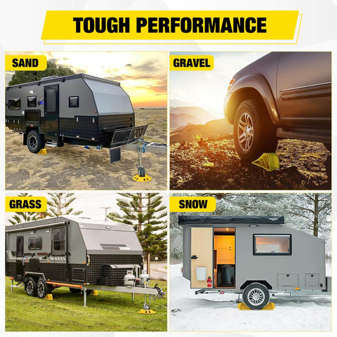 Image of Trailer Wheel Chocks And Wheel Dock Kit Tough As Nails Built To Last And Prevents Trailer Wheel Sinking For Boat Trailers Travel Campers And RVs Up To 23 Inch Tires Durable UV Resistant Thermoplastic Rubber And High Density Polyethylene in sand, gravel, grass, and snow conditions.