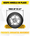 Trailer Wheel Chocks And Wheel Dock Kit Tough As Nails Built To Last And Prevents Trailer Wheel Sinking For Boat Trailers Travel Campers And RVs Up To 23 Inch Tires Durable UV Resistant Thermoplastic Rubber And High Density Polyethylene shown with yellow wheel chocks preventing tire movement.