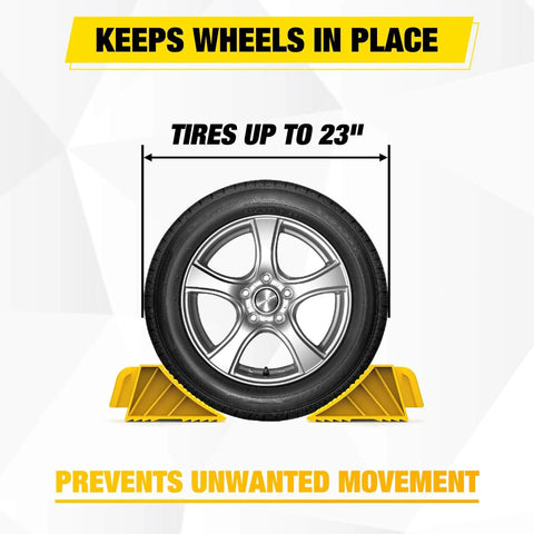 Trailer Wheel Chocks And Wheel Dock Kit Tough As Nails Built To Last And Prevents Trailer Wheel Sinking For Boat Trailers Travel Campers And RVs Up To 23 Inch Tires Durable UV Resistant Thermoplastic Rubber And High Density Polyethylene shown with yellow wheel chocks preventing tire movement.