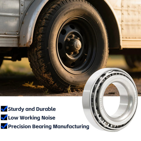 Complete trailer wheel hub bearing kit for 1.0625 inch axles with seals, showing a durable wheel and a close-up of a bearing.