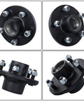 Four views of Two Sets Five Lug Trailer Wheel Hub With Bearings Kit For Four Point Seven Five Inch Spindle 84 Compatible Three Thousand Five Hundred Pound Rated Beefy Build High Strength Components Built To Last For Utility Trailers