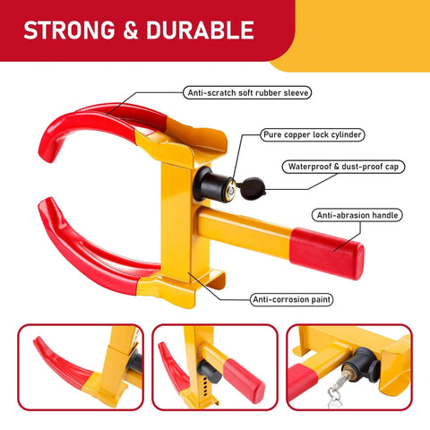 Heavy Duty Trailer Wheel Lock 2 Pack Adjustable Wheel Clamp Anti Theft Deterrent for Trailers SUVs Boats ATVs Motorcycles Golf Carts with Six Identical Keys Cartman, close-up view showing anti-corrosion paint and waterproof cap.