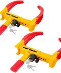 Heavy Duty Trailer Wheel Lock 2 Pack Adjustable Wheel Clamp Anti Theft Deterrent for Trailers SUVs Boats ATVs Motorcycles Golf Carts with Six Identical Keys Cartman, two yellow and red clamps