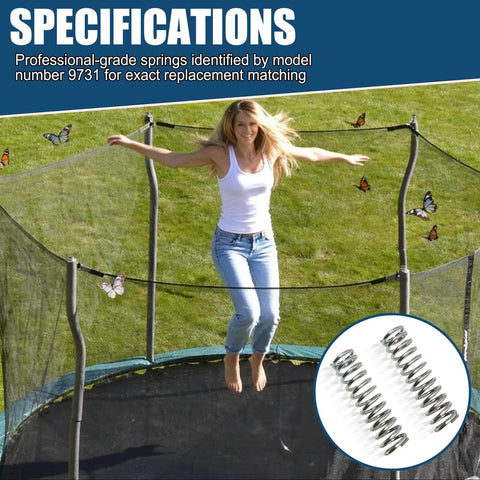 Woman jumping on trampoline with Compression Spring 0.105 Gauge One And One Eighth Inch By 3 Inch Silver Plated Steel Wire 2 Pack