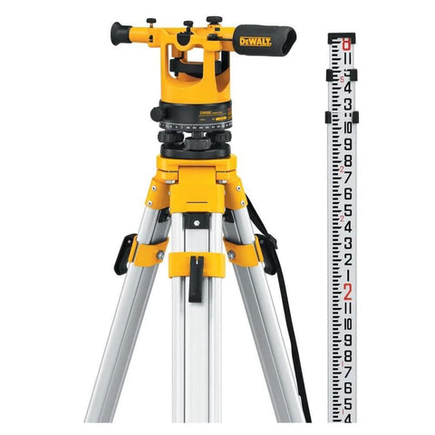 Transit Level Kit With Tripod, Grade Rod And Carrying Case For Construction And Surveying Projects, 20x Magnification, 200 Ft Plus Range, High Precision And Durable Aluminum Tripod, 8 Ft Rod, Lightweight Portable DW092PK showing tripod and grade rod.