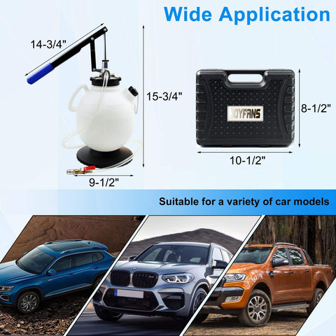 7.5 Liter Manual Transmission Fluid Pump Kit With 15 ATF Adapters shown with carrying case and cars for wide application.