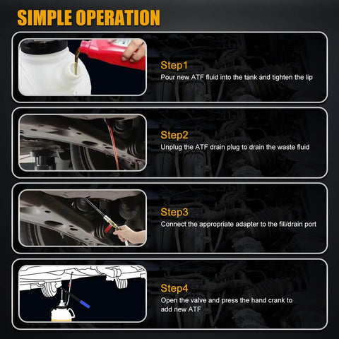 Simple operation guide for the Automatic Transmission Fluid Transfer Pump Kit With 7.5 Liter Can And 15 ATF Adapters for vehicle refill